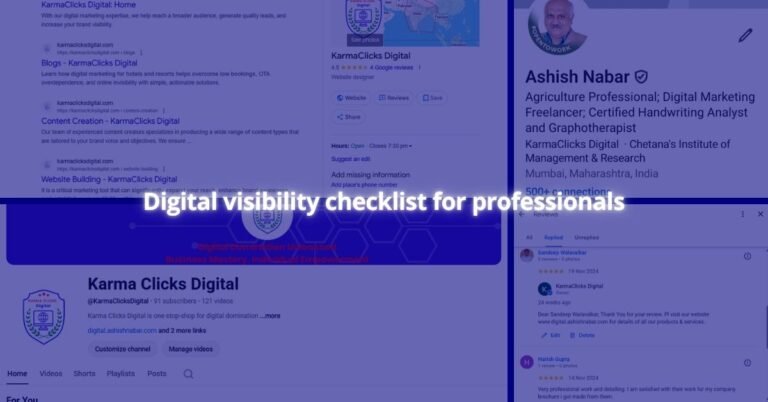 Infographic checklist showing components of professional digital visibility including website, profile, and content