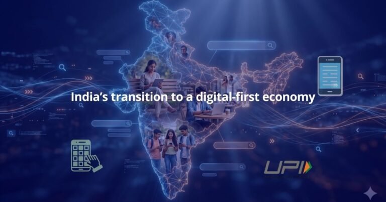 Illustration showing India’s digital-first economy with network connectivity, smartphones, and online infrastructure