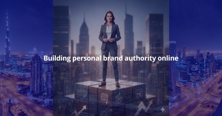 Illustration of a professional standing on stacked credibility blocks representing digital trust and authority