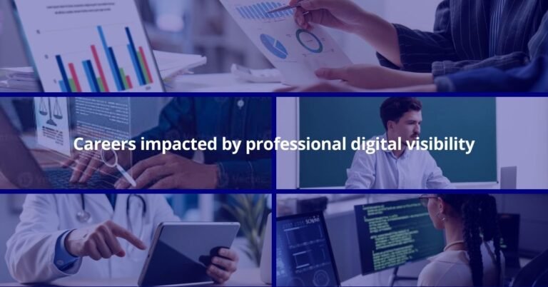 Collage illustration showing multiple professions using digital tools to represent professional digital visibility